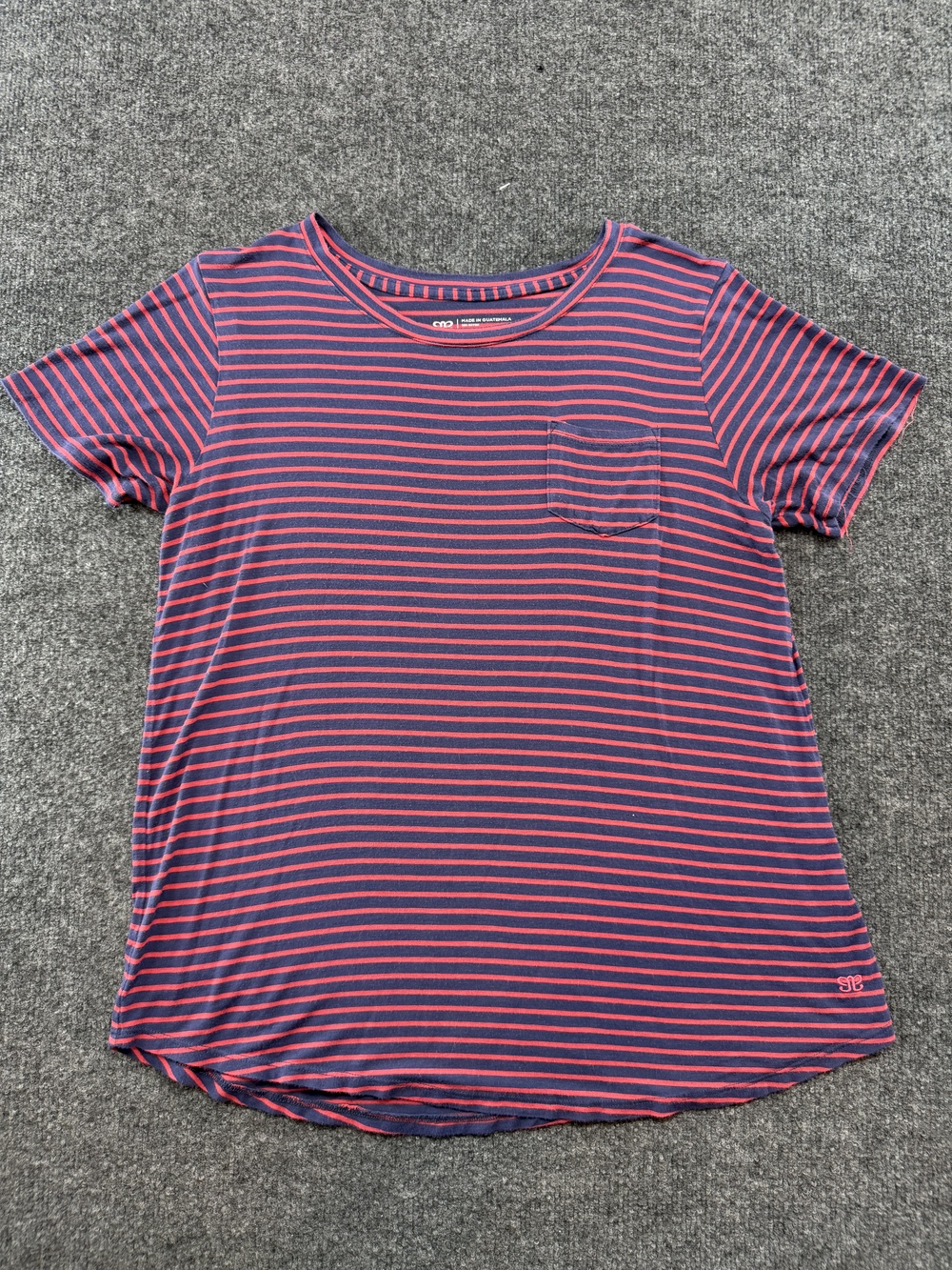 Albion Shirt Womens Medium Blue Pink Stripe Scoop Neck Pocket Tee Top Stretch